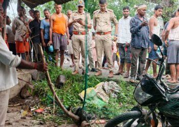 जंगल से भटककर आबादी में पहुंचा दुर्लभ उदबिलाव, घर के बाहर लगी जाली में फंसा।