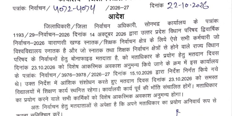 विधान परिषद द्विवार्षिक वाराणसी खण्ड स्नातक शिक्षक निर्वाचन के लिए 23 अक्टूबर को विद्यालयों में शिक्षण कार्य स्थगित